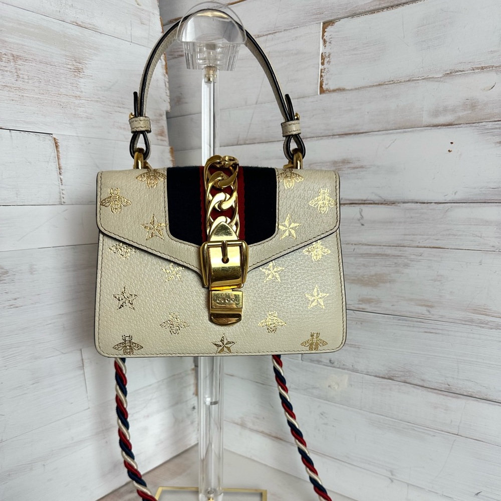 Gucci Sylvie Bee Star Mini Cream Leather Top Handle Bag w/ Strap
